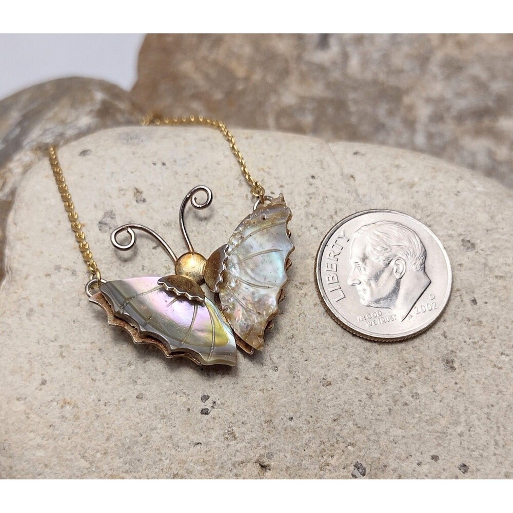 Vintage Butterfly Necklace Abalone Shell - Picture 4 of 11